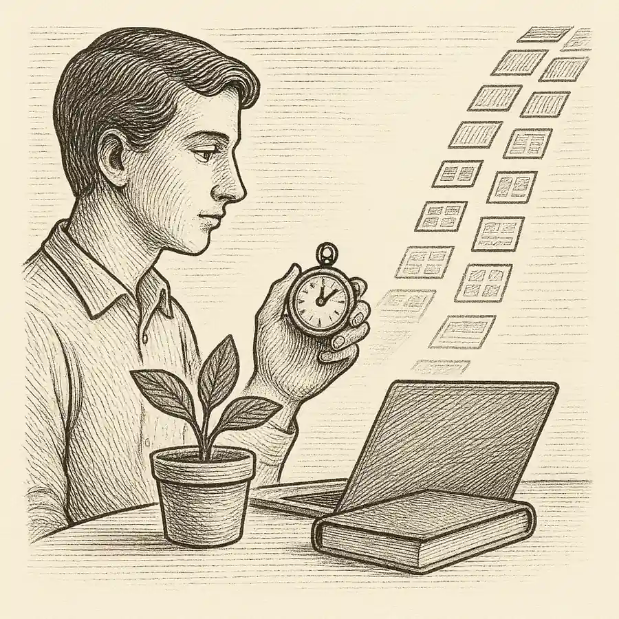 Atención en la era del scroll Atención en la era del scroll: grabado en blanco y negro que muestra a una persona observando una planta, un reloj de bolsillo y una cascada de mini-ventanas que simbolizan el flujo constante de contenido.