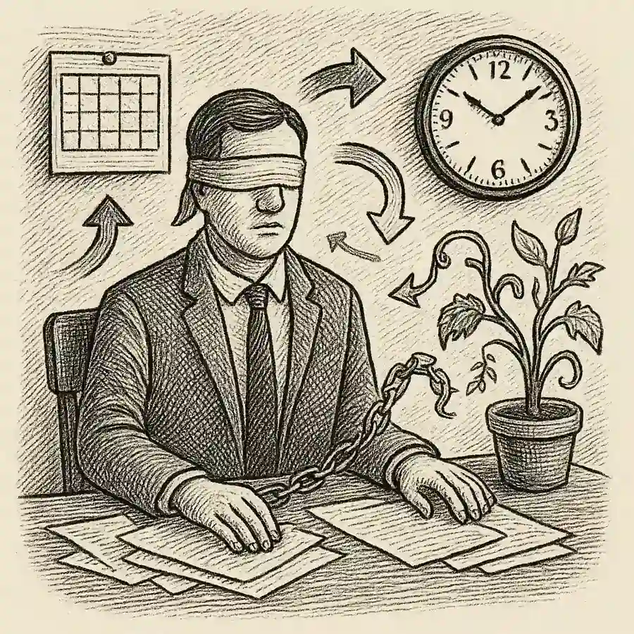 Persona con los ojos vendados en su escritorio, rodeada de relojes y una planta que cambia, símbolo de la ceguera al cambio.