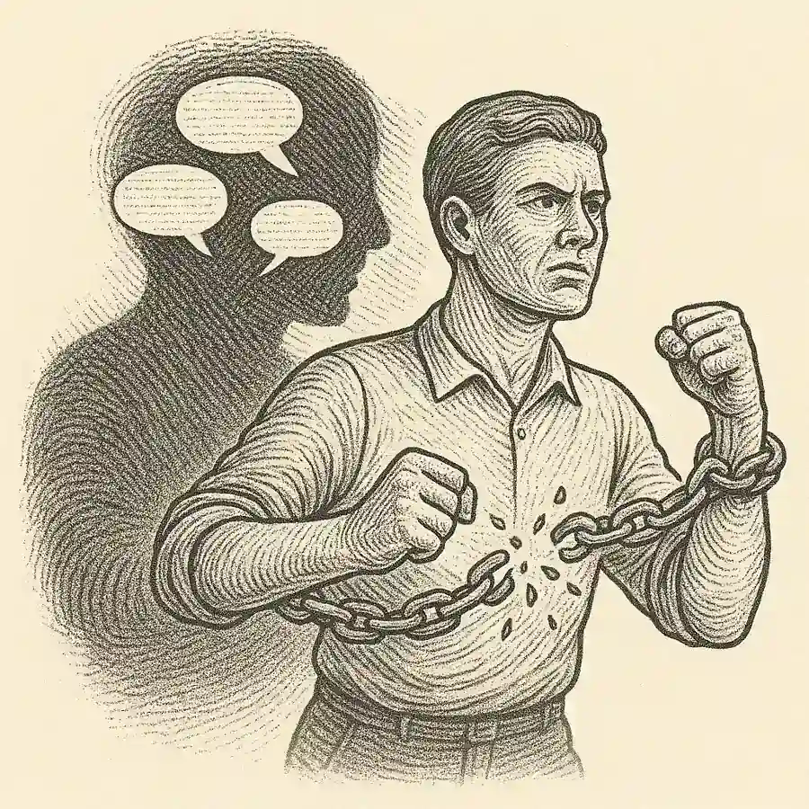 Figura rompiendo cadenas frente a su sombra llena de bocadillos de opinión, símbolo de la libertad para cambiar de idea sin miedo.