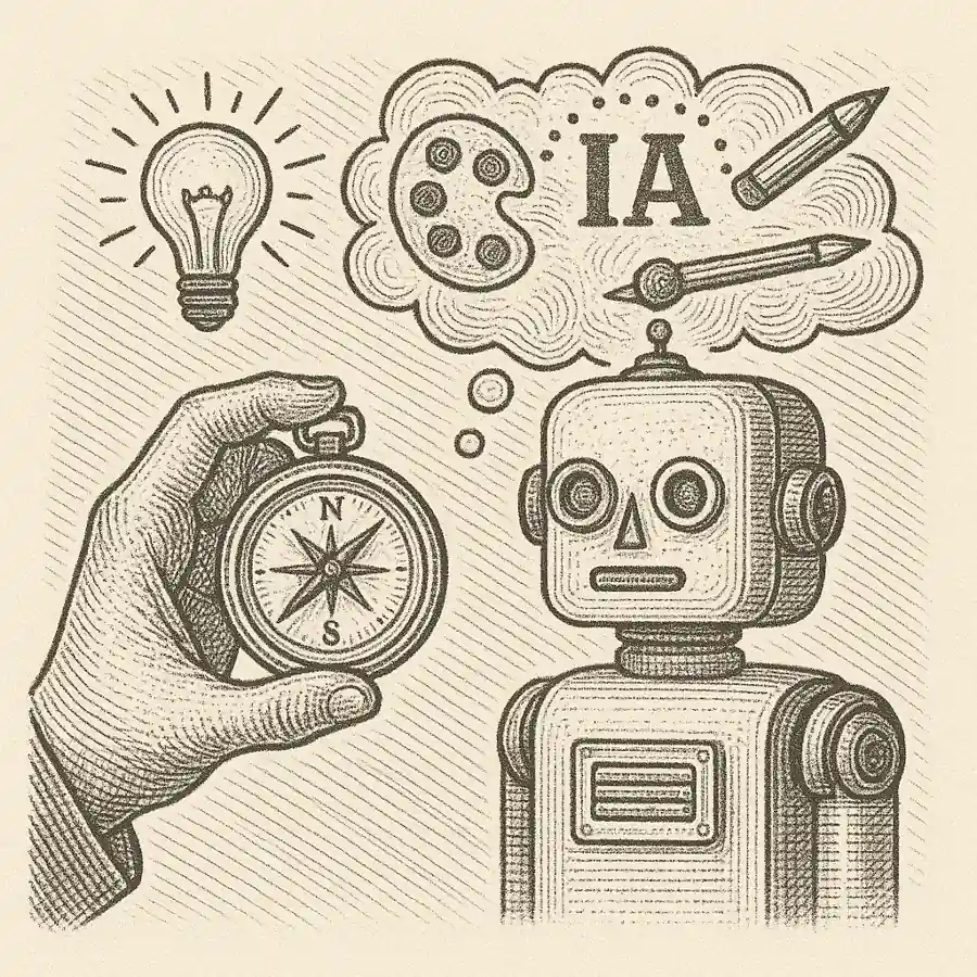 Creatividad con IA: dónde pongo yo el criterio Ilustración en blanco y negro estilo grabado: una mano humana sostiene una brújula frente a un generador de ideas asistido por IA, simbolizando el criterio del creador frente al algoritmo.