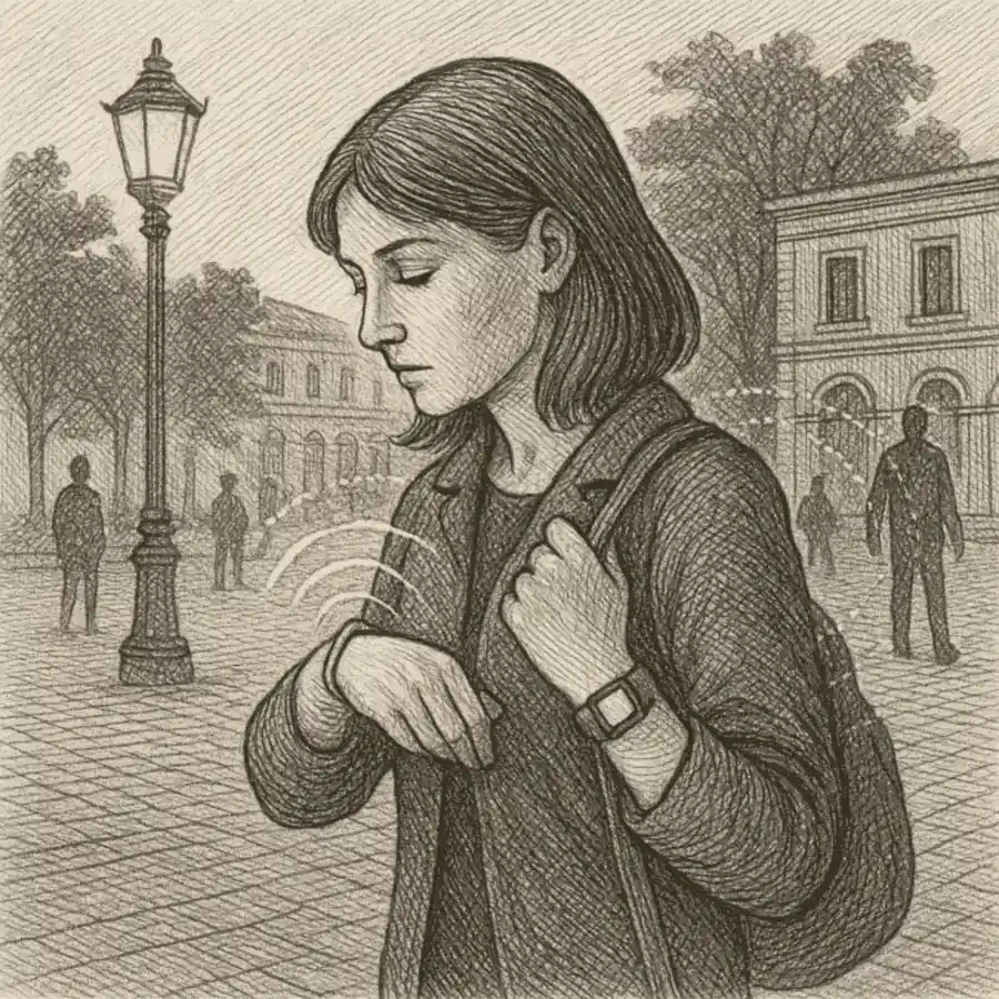 Grabado editorial en blanco y negro: una persona mira discretamente un clip o pulsera que emite una alerta sutil en una plaza urbana.
