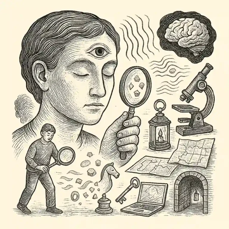 El cerebro ante las cosas que no podemos ver: grabado que muestra una figura con ojo interior, lupa, linterna, mapa y pasillo oscuro, simbolizando la intuición y la percepción de lo invisible.