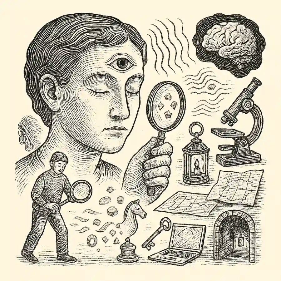 El cerebro ante las cosas que no podemos ver El cerebro ante las cosas que no podemos ver: grabado que muestra una figura con ojo interior, lupa, linterna, mapa y pasillo oscuro, simbolizando la intuición y la percepción de lo invisible.