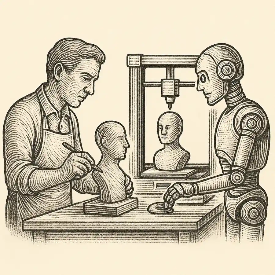 El futuro del trabajo con IA: tareas que cedo y otras que protejo. Un artesano moldea una figura de arcilla mientras un robot imprime la misma forma, simbolizando el equilibrio entre creación humana y automatización.