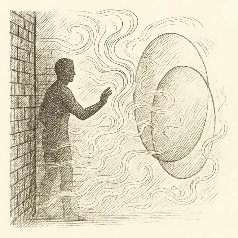 Grabado editorial en blanco y negro que muestra a una figura en el umbral de una pared mientras formas etéreas y ovillos translúcidos sugieren el solapamiento dimensional y la “materia fantasma”.