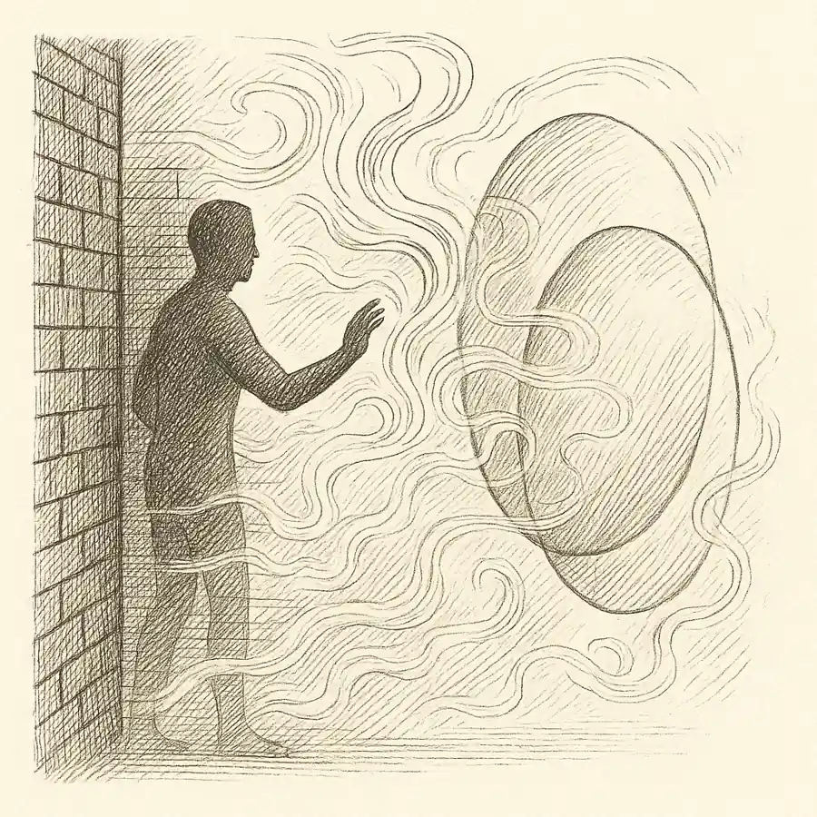 El solapamiento cuántico dimensional y la materia fantasma Grabado editorial en blanco y negro que muestra a una figura en el umbral de una pared mientras formas etéreas y ovillos translúcidos sugieren el solapamiento dimensional y la “materia fantasma”.