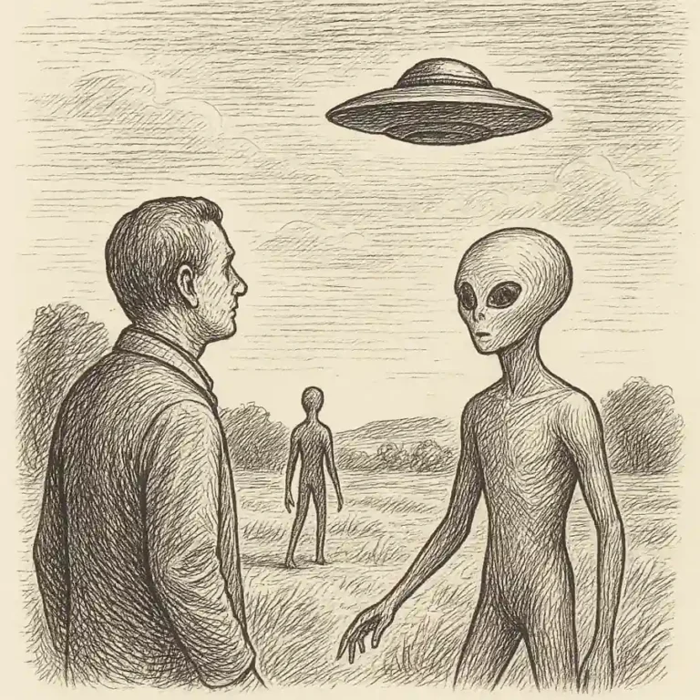 Ilustración en blanco y negro estilo grabado: un humano y figuras humanoides delgadas observan una nave silenciosa en el cielo.