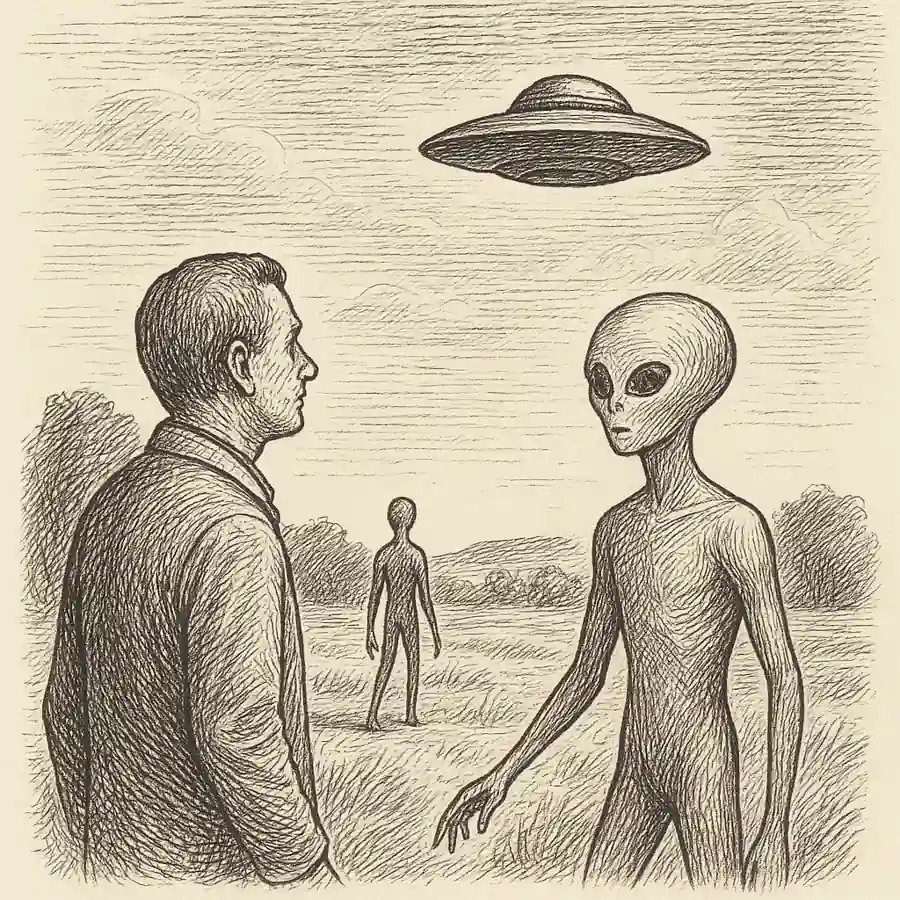 ¿Extraterrestres o humanos del futuro? Ilustración en blanco y negro estilo grabado: un humano y figuras humanoides delgadas observan una nave silenciosa en el cielo.