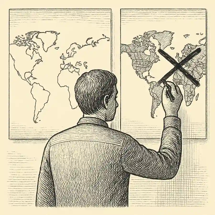 Fin de las fronteras: marcas, mapas y humanidad Persona tachando un mapa con fronteras mientras observa otro sin divisiones, símbolo del fin de los límites entre países.