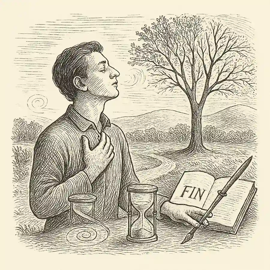 Grabado editorial en blanco y negro: una persona contemplativa junto a un árbol estacional, un reloj de arena y un libro abierto con la palabra "FIN".