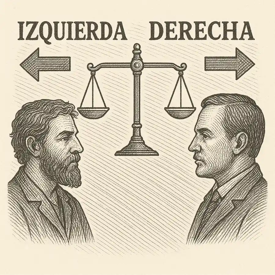 Grabado en blanco y negro con las palabras IZQUIERDA y DERECHA sobre dos figuras enfrentadas unidas por una balanza, símbolo del equilibrio entre ideologías opuestas.