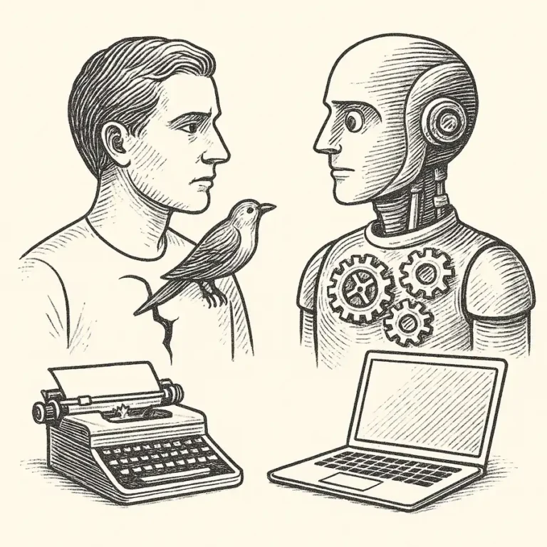 ¿La IA puede ser creativa?: dibujo en grabado que muestra a una persona con pájaro y grieta de inspiración frente a un robot con engranajes, junto a máquina de escribir y portátil.