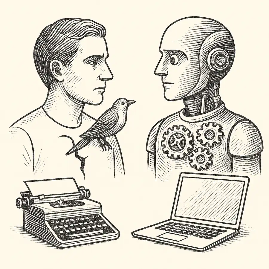 ¿La IA puede ser creativa? ¿La IA puede ser creativa?: dibujo en grabado que muestra a una persona con pájaro y grieta de inspiración frente a un robot con engranajes, junto a máquina de escribir y portátil.