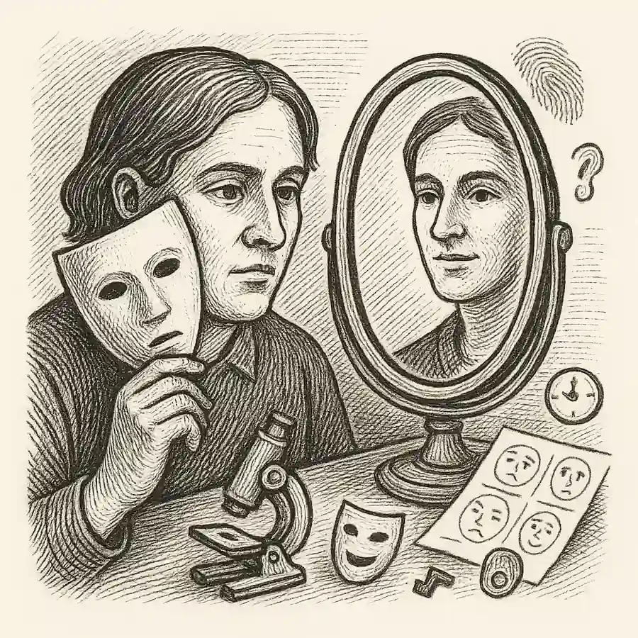 La relación entre personalidad y el rostro: mi espejo incómodo La relación entre personalidad y el rostro: grabado que muestra a una persona mirando su reflejo en un espejo, sosteniendo una media máscara, con bocetos de expresiones y un microscopio en la mesa.