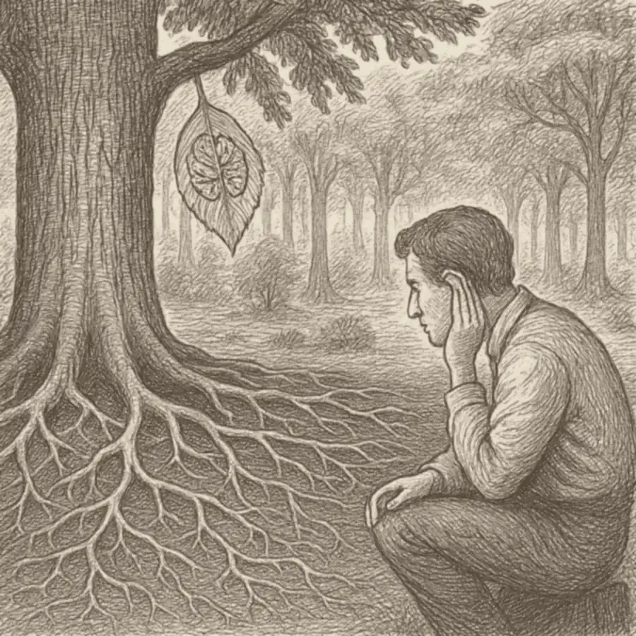 La vida de las plantas: la revolución silenciosa de estos seres Grabado editorial en blanco y negro: un observador escuchando la red de raíces bajo un árbol, que simboliza la comunicación y memoria de las plantas.