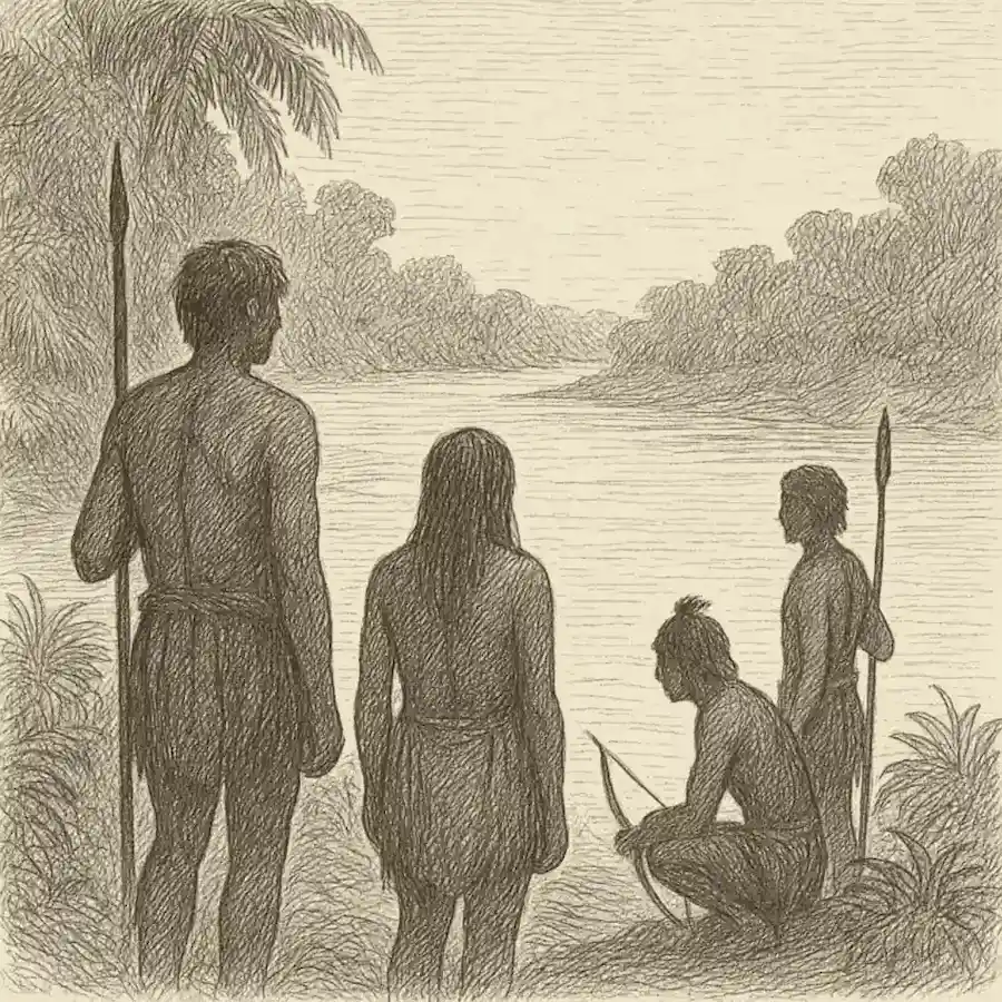 Las últimas tribus sin contacto con la civilización moderna Grabado editorial en blanco y negro: varias figuras junto a un río en la selva, representadas con respeto y anonimato.