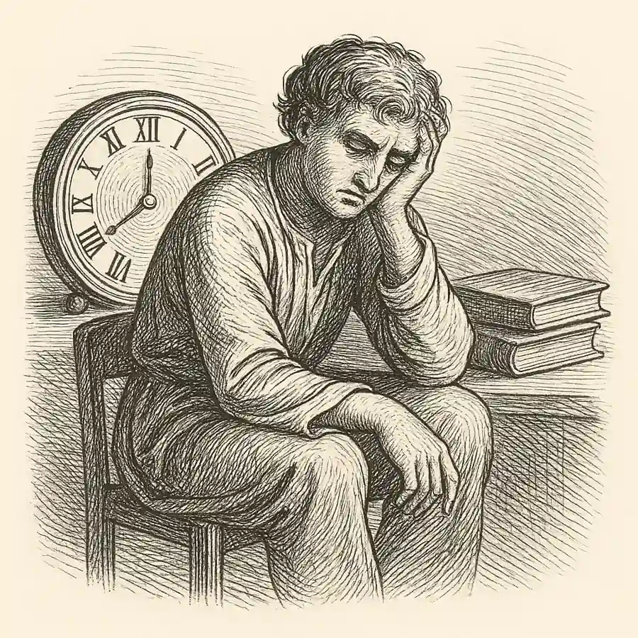 Memoria y aburrimiento: mi hipótesis doméstica Dibujo a lápiz estilo grabado que representa una figura humana sentada, en contemplación, rodeada de relojes y libros que simbolizan la memoria y el aburrimiento doméstico.