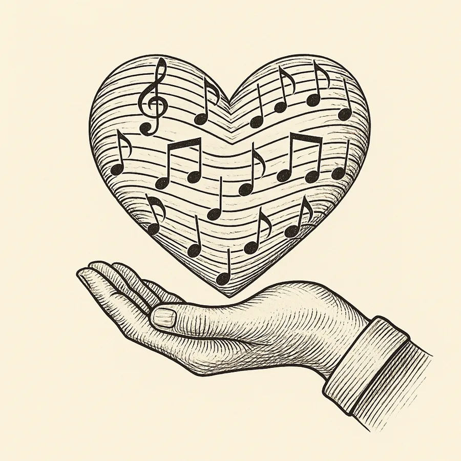 Música y emociones: tecnología emocional para almas curiosas Mano sosteniendo un corazón formado por notas musicales, símbolo de la conexión entre música y emociones.