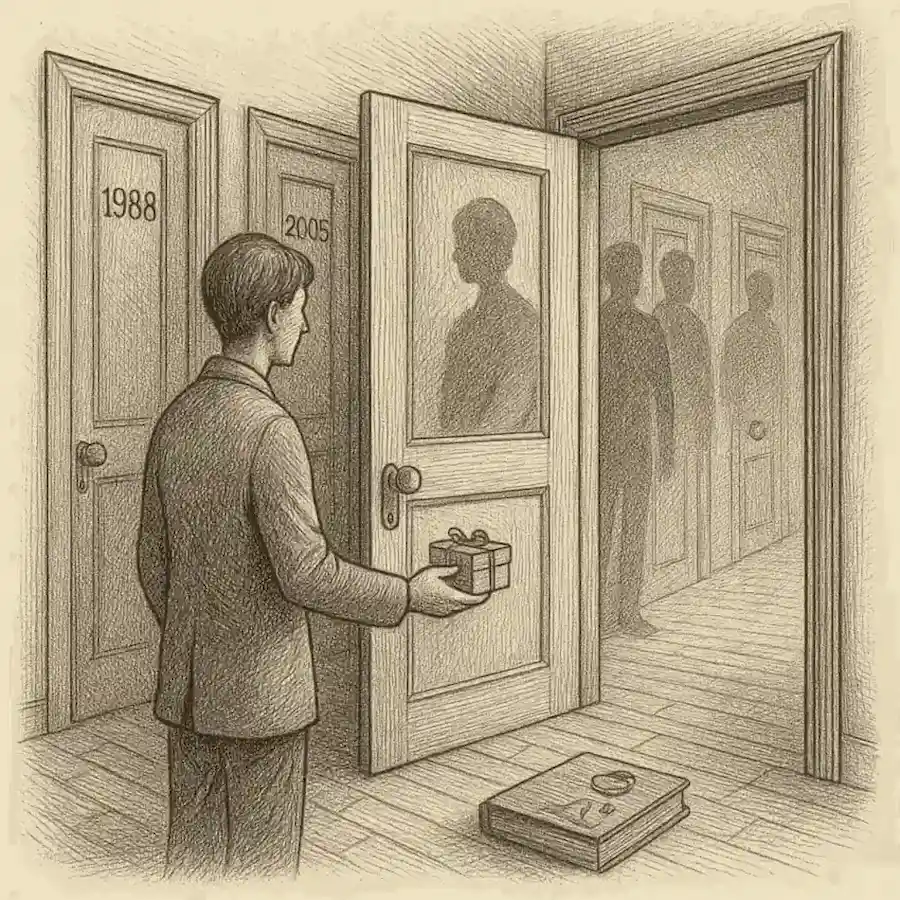 Grabado editorial en blanco y negro: una persona ante un pasillo de puertas, con siluetas de otros “yo” detrás, que simbolizan vidas alternativas.