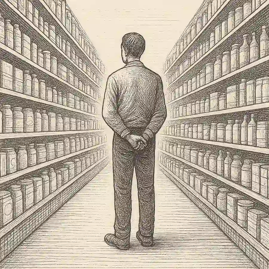 Ilustración estilo grabado: persona detenida entre los pasillos de un supermercado, rodeada de muchas opciones de productos, representando la paradoja de la elección.
