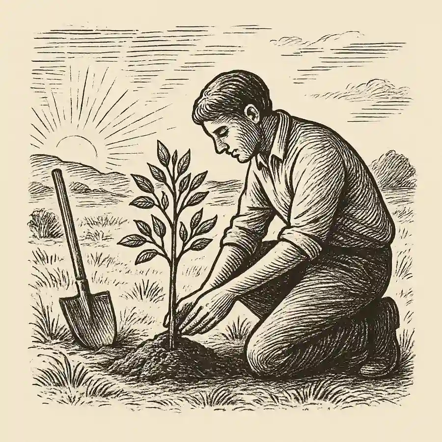 Plantar un árbol, tres desafíos íntimos Persona plantando un árbol joven, símbolo del crecimiento interior y del legado personal.