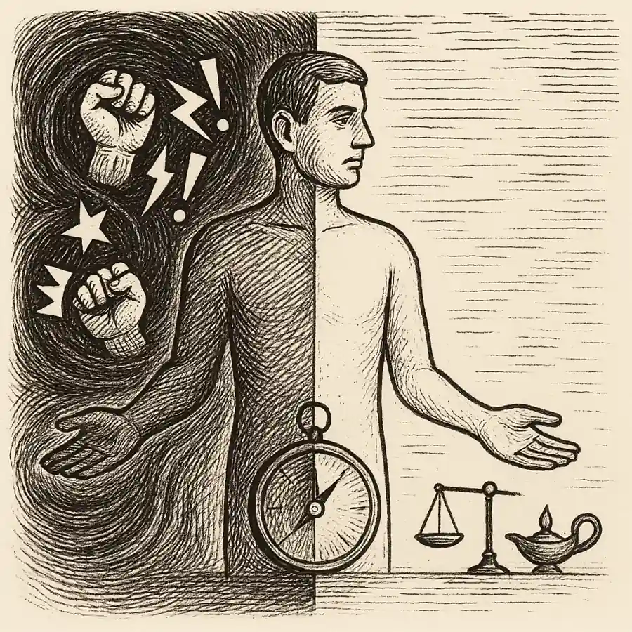 Grabado en blanco y negro que muestra una figura humana dividida entre oscuridad y luz, con puños y símbolos de conflicto a un lado y una balanza y lámpara al otro, representando la atracción hacia los extremos y la búsqueda de equilibrio.
