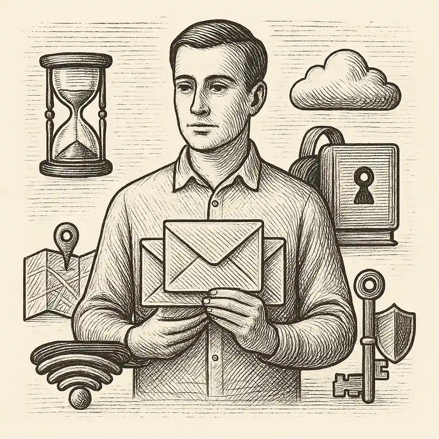 Privacidad sin paranoia: reglas sencillas que sí aplico Privacidad sin paranoia: ilustración en grabado con capas de identidad, reloj de arena de permisos, nube y llaves que simbolizan hábitos sencillos para proteger los datos.
