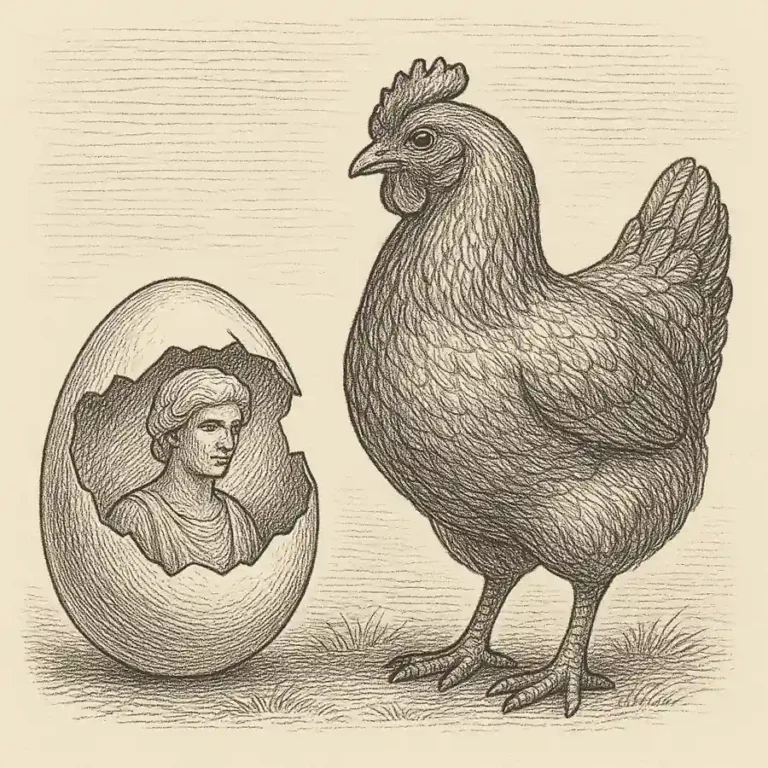 Grabado editorial en blanco y negro: una gallina observa un huevo partido que contiene un busto clásico, simbolizando la pregunta filosófica del huevo y la gallina.