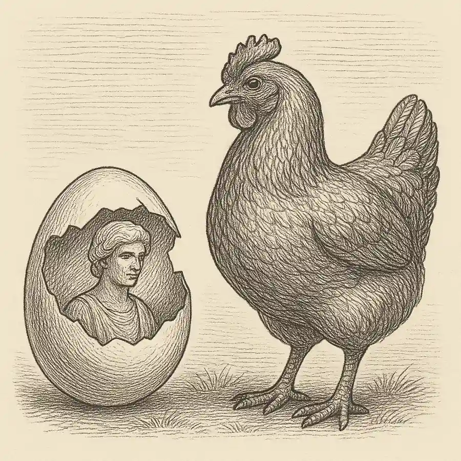 Grabado editorial en blanco y negro: una gallina observa un huevo partido que contiene un busto clásico, simbolizando la pregunta filosófica del huevo y la gallina.