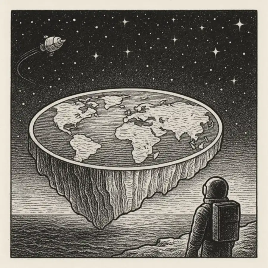 Reflexión sobre el Terraplanismo actual Grabado editorial en blanco y negro: vista desde el espacio de una Tierra plana en forma de disco, con un astronauta observando y una pequeña nave en la distancia.