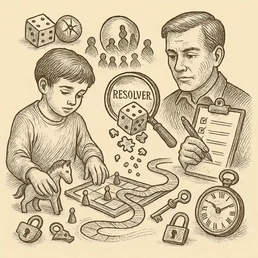 Resolver mata el juego: analogías con la vida Resolver mata el juego: grabado que muestra a un niño con un tablero y un dado que se deshace en piezas mientras un adulto apunta soluciones, simbolizando cómo resolver puede quitar el sentido del juego.