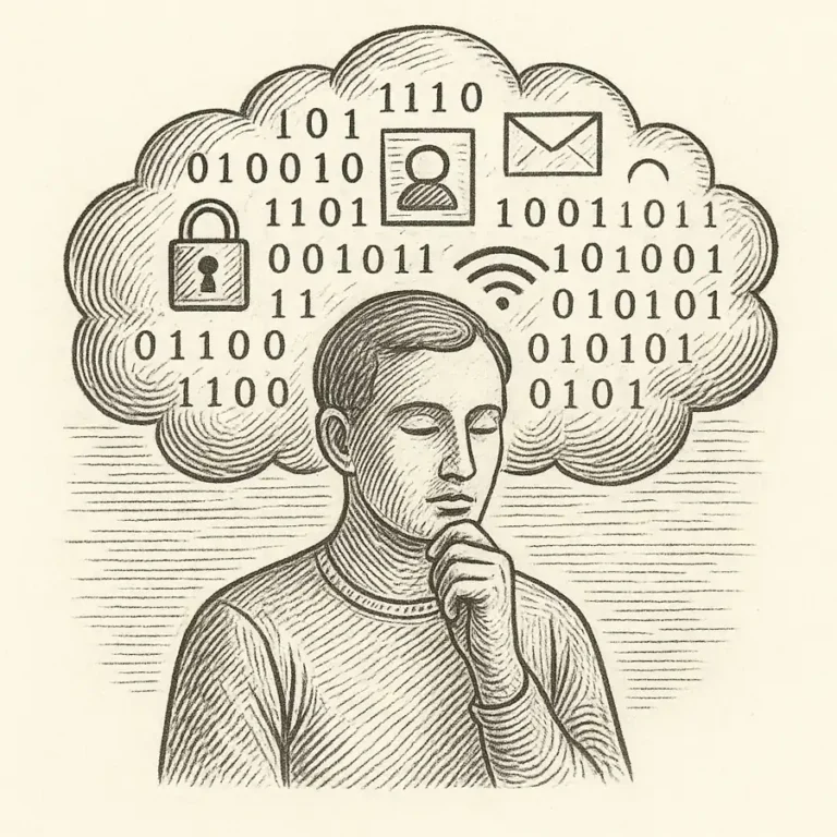 Ilustración en blanco y negro estilo grabado: figura humana rodeada de nubes de datos digitales, reflejando cómo nuestra identidad se construye y expone en la nube.