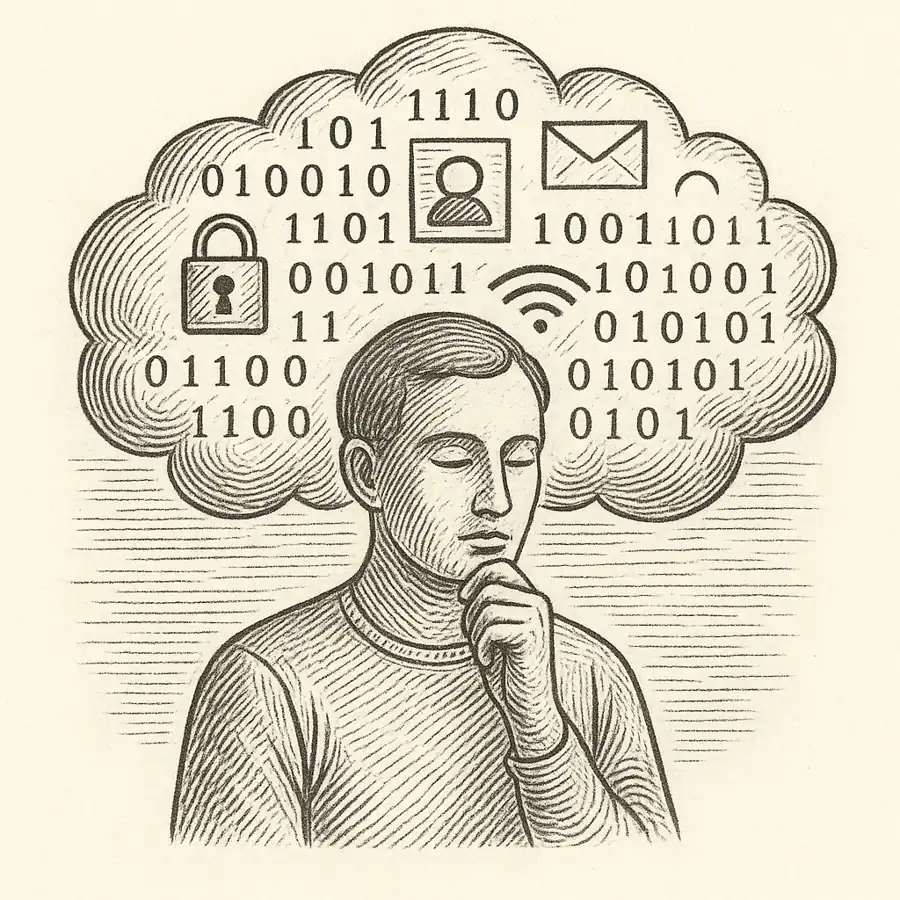 ¿Somos nuestros datos? Identidad en la nube al descubierto Ilustración en blanco y negro estilo grabado: figura humana rodeada de nubes de datos digitales, reflejando cómo nuestra identidad se construye y expone en la nube.