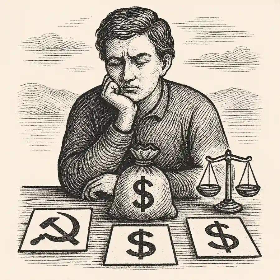 Persona reflexiva frente a símbolos de riqueza e igualdad, cuestionando los límites de la utopía comunista.