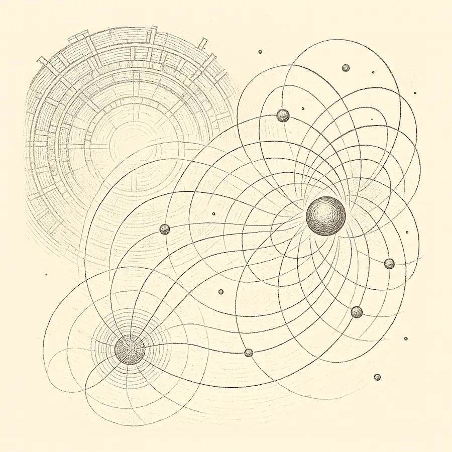 Acelerador de partículas y la intimidad del universo Ilustración en blanco y negro de un acelerador de partículas con órbitas atómicas entrelazadas