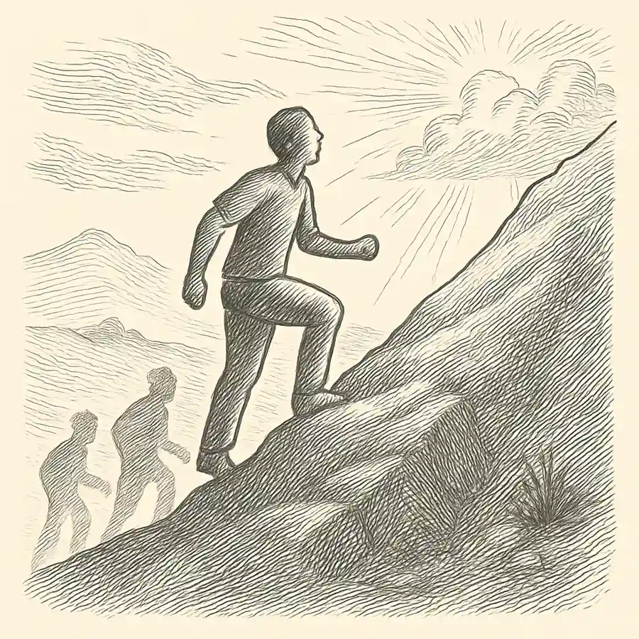 Ánimo con la altura: lo que cambia en mí Figura ascendiendo hacia la altura con sombras de su yo anterior