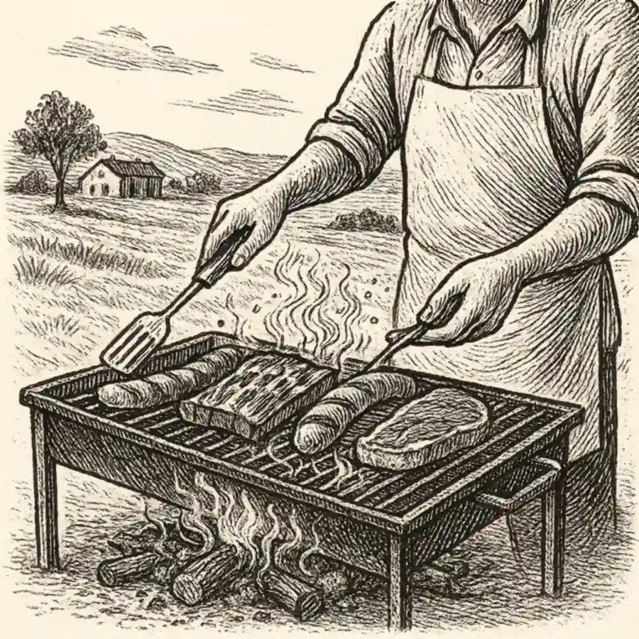 Asado como pedagogía de la paciencia Ilustración grabada de un asador argentino cocinando carne a las brasas