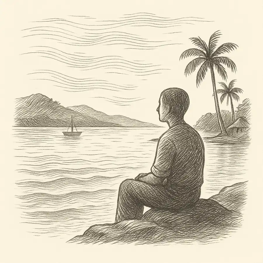 Bahía costera serena con figura contemplativa mirando el mar azul