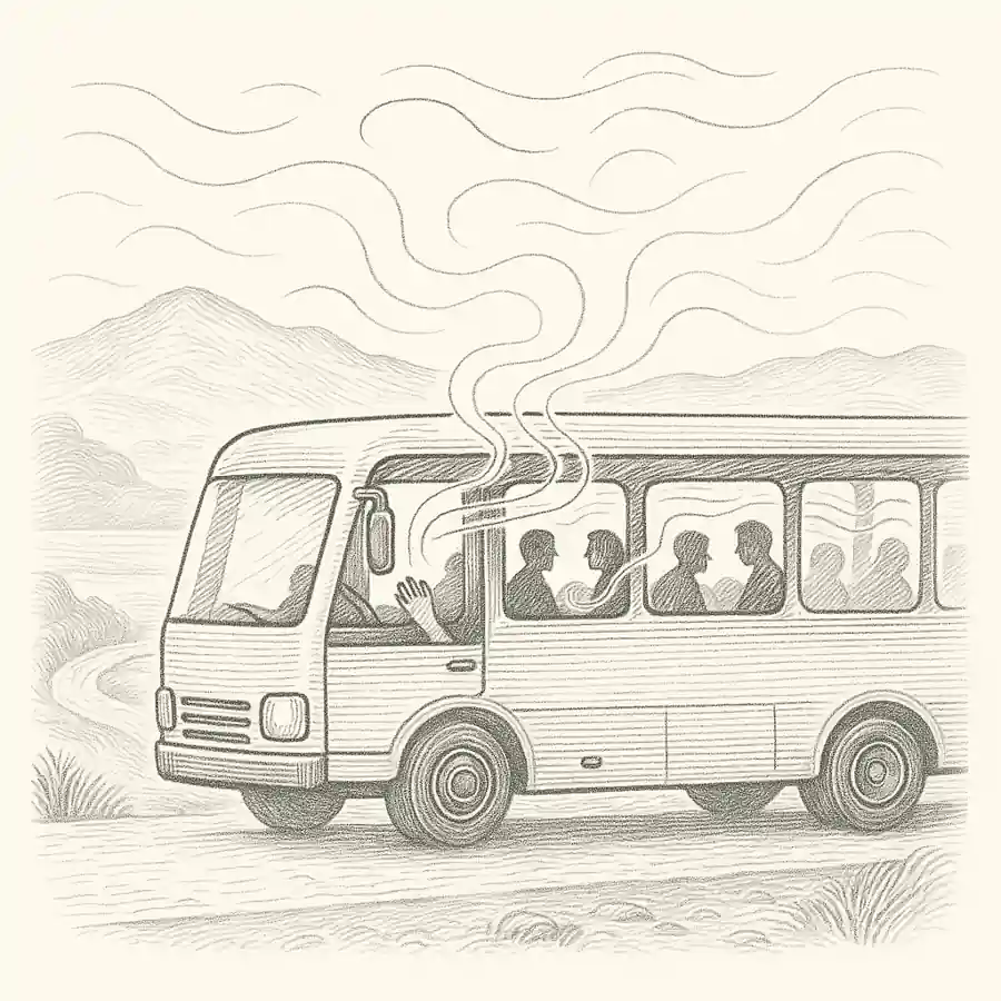 Ilustración editorial en grabado con fondo claro que muestra un bus interprovincial con pasajeros conversando mientras viajan