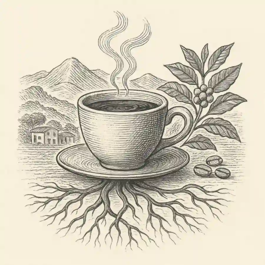 Ilustración grabada de una taza de café con raíces conectadas al paisaje cafetero colombiano
