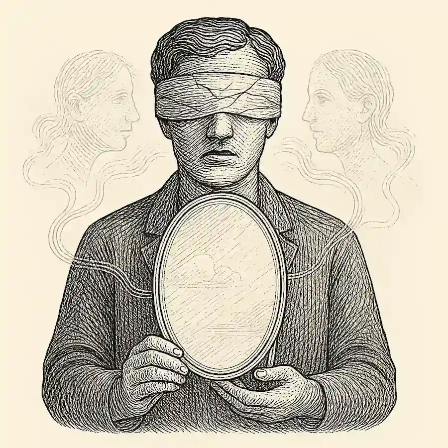 Ilustración editorial de ceguera ideológica con espejo invisible