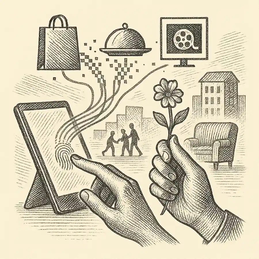Compras online y ocio digital: ¿qué será lo siguiente? Ilustración que representa las compras online y el ocio digital frente a la pérdida del contacto real y lo sensorial.