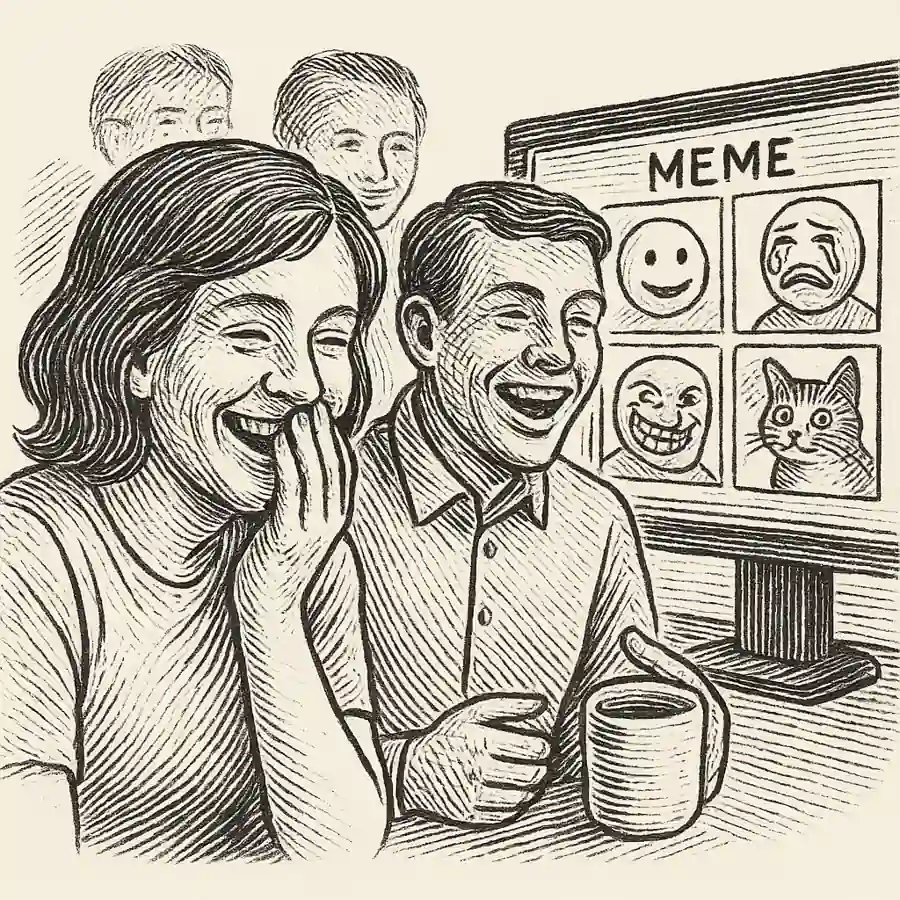 Confesiones de memes virales sin filtros Dos personas ríen frente a una pantalla llena de memes virales, compartiendo confesiones sin filtros.