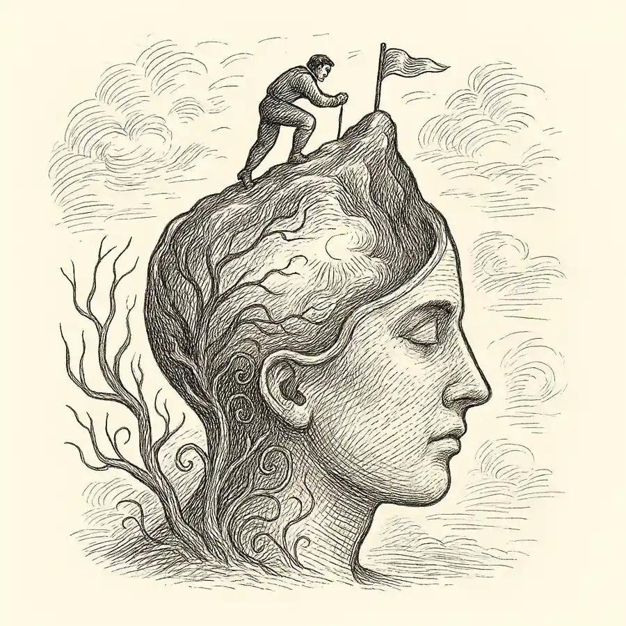 Conquista de nuestra propia mente Ilustración que simboliza la conquista de nuestra propia mente como un viaje interior hacia la serenidad y el autoconocimiento.