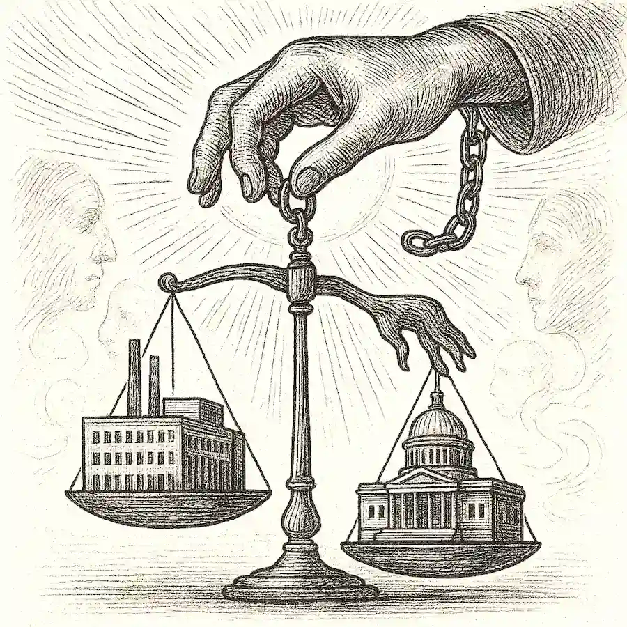Control empresarial frente al control gubernamental Ilustración editorial de balanza entre poder empresarial y gubernamental