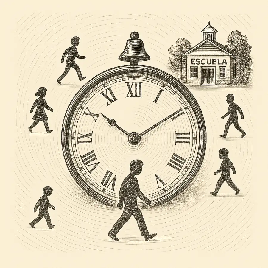 Cuando el horario escolar dicta la vida Ilustración en blanco y negro de un reloj escolar marcando la rutina diaria