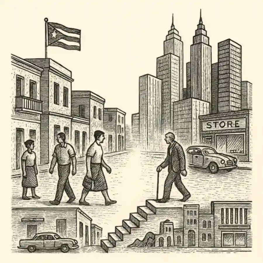 Ilustración grabada que contrasta la vida urbana en Cuba y Estados Unidos