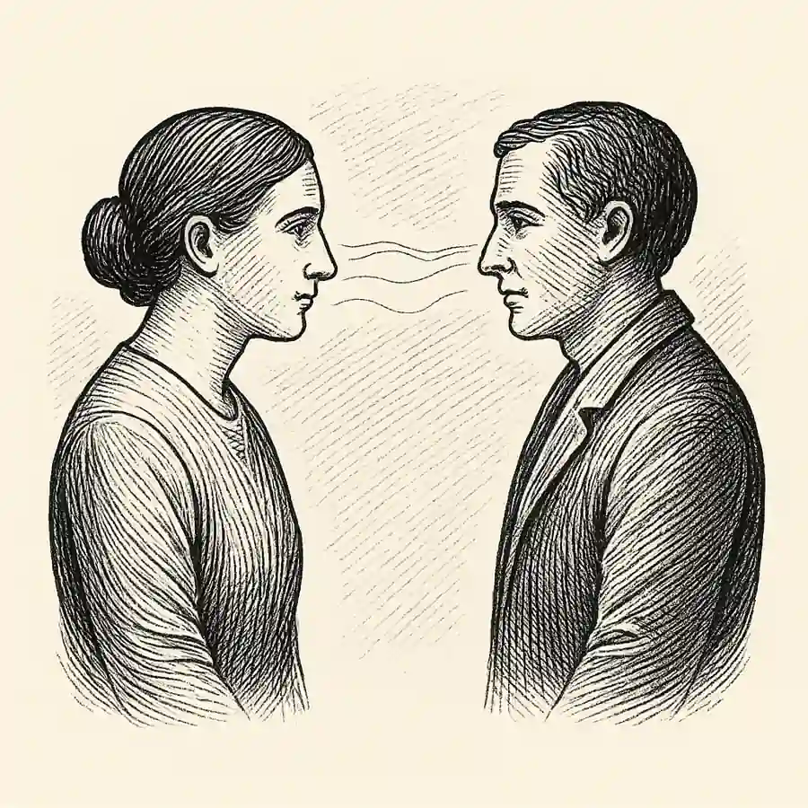 El afecto en un espectáculo invisible Dos personas frente a frente unidas por líneas invisibles que simbolizan el afecto silencioso entre ellas.