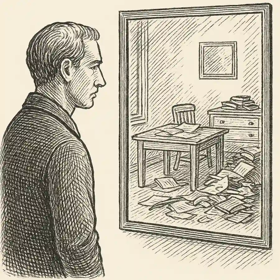 El orden exterior altera el desorden interior Un hombre contempla su reflejo en un espejo que muestra una habitación desordenada, símbolo del caos interior reflejado fuera.