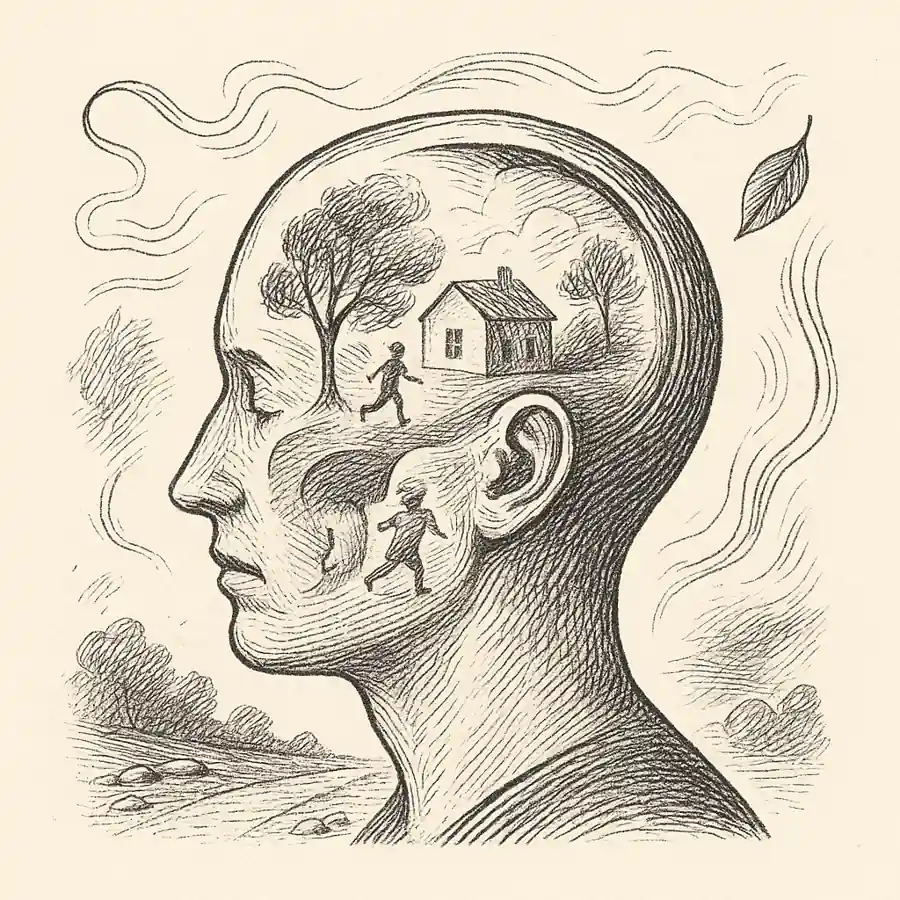 Ilustración editorial en grabado: perfil humano con escena infantil imaginaria dentro de la cabeza
